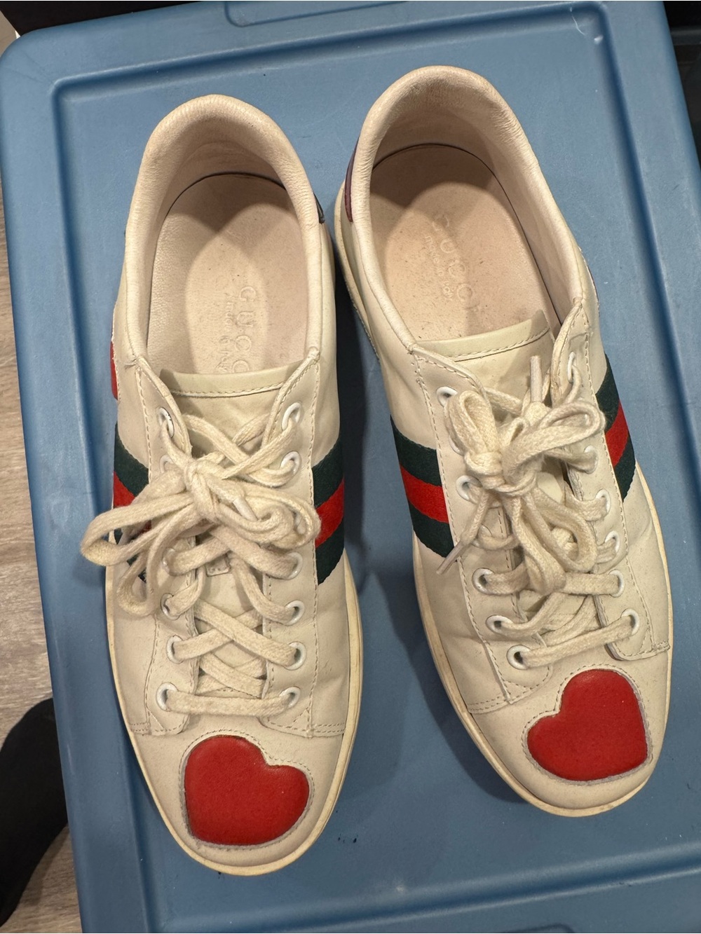 Gucci ace White Leather Sneakers with Red Heart Accent